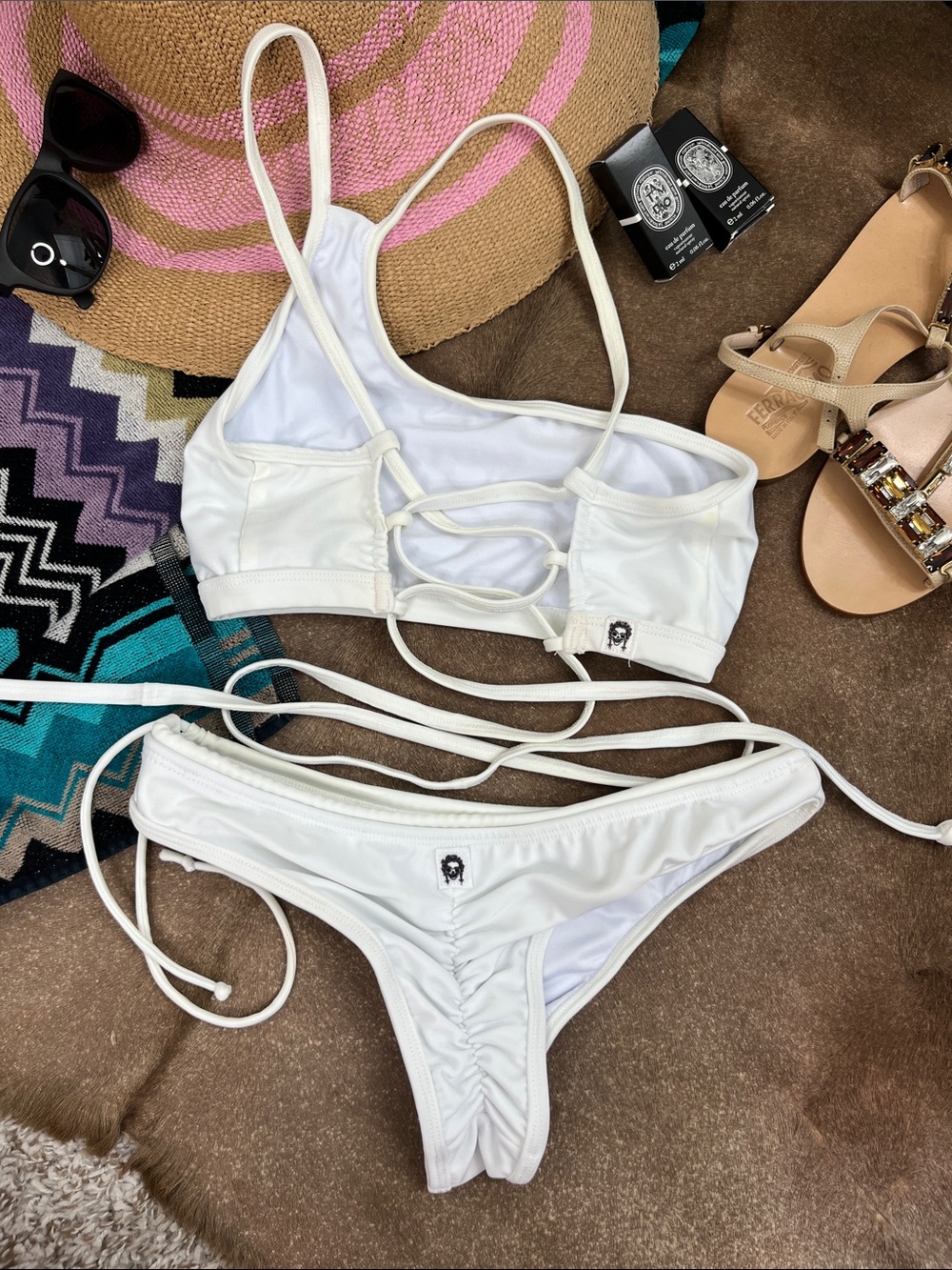 GlowNY Skull Patch Ruched Tie Bikini Set One Shoulder Surf Swimsuit Bathing Suit